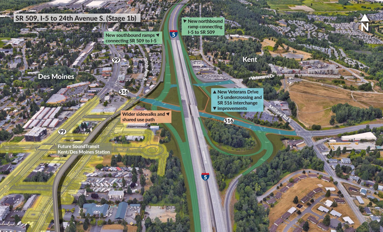 An aerial rendering of the future SR 516/I-5 interchange