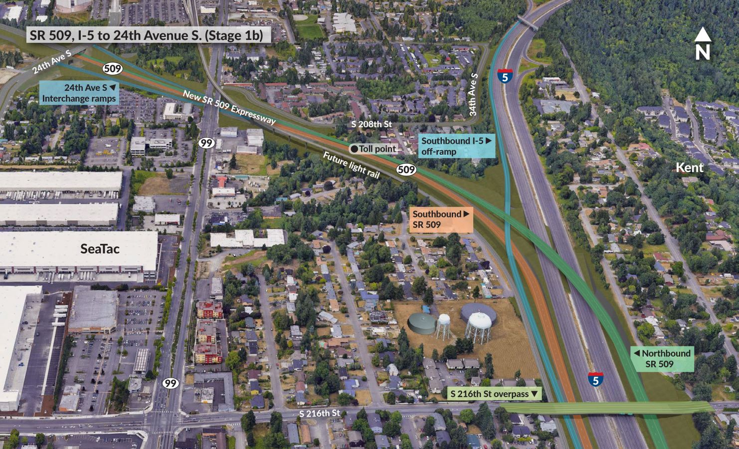 An aerial image of the new I-5 expressway and ramps