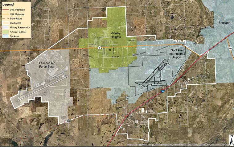 The West Plains Subarea Transportation Management Plan study area includes the City of Airway Heights, City of Spokane, Spokane County, Spokane Tribal lands, Kalispel Tribal lands, Fairchild Air Force Base, and the Spokane International Airport. The primary east-west routes in this area are US 2 and Interstate 90 (I-90). The primary north-south routes are Rambo, Craig, Hayford, and Spotted Road