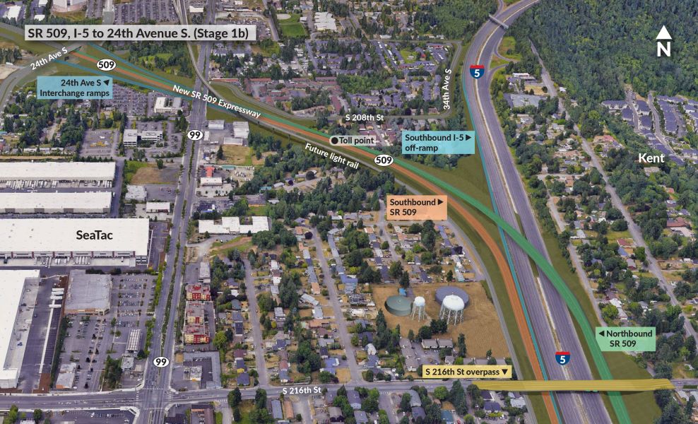 An overhead map detailing the location of the new S 216th St bridge and new expressways
