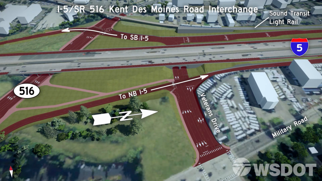 A close up aerial map of the SR 516 interchange in Kent