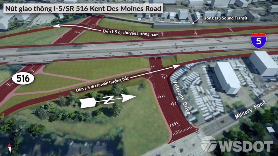Đường vượt bên dưới và nối dài mới Veterans Drive giúp thêm lựa chọn để tiếp cận I-5 từ Kent Valley. Đường dẫn I-5 di chuyển hướng bắc (như hình) cũng kết nối đến cao tốc SR 509 mới.