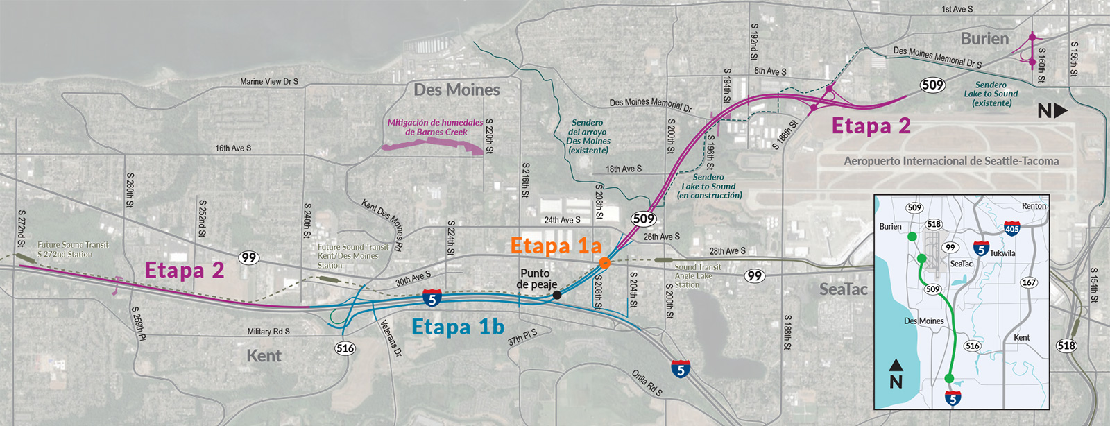 Map of SR 509 Completion Project broken out by project stage, all labels in Spanish.
