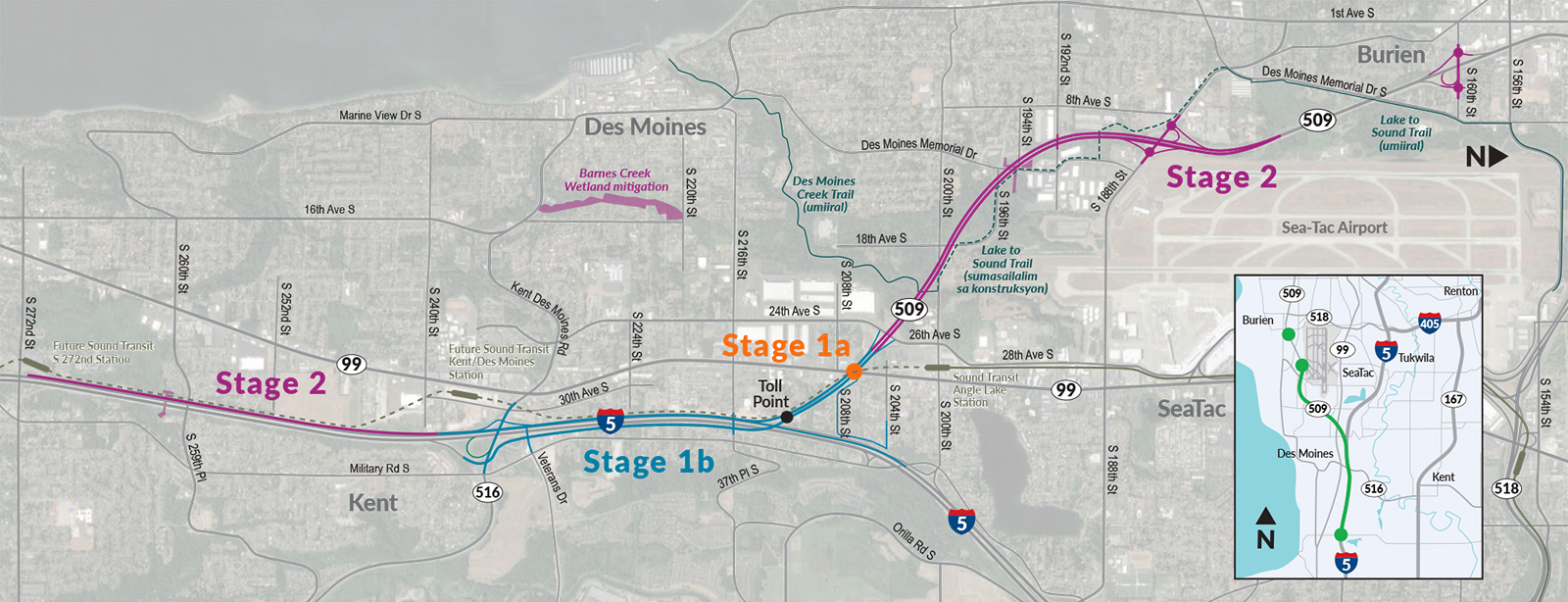 Map of SR 509 Completion Project broken out by project stage, all labels in Tagalog.