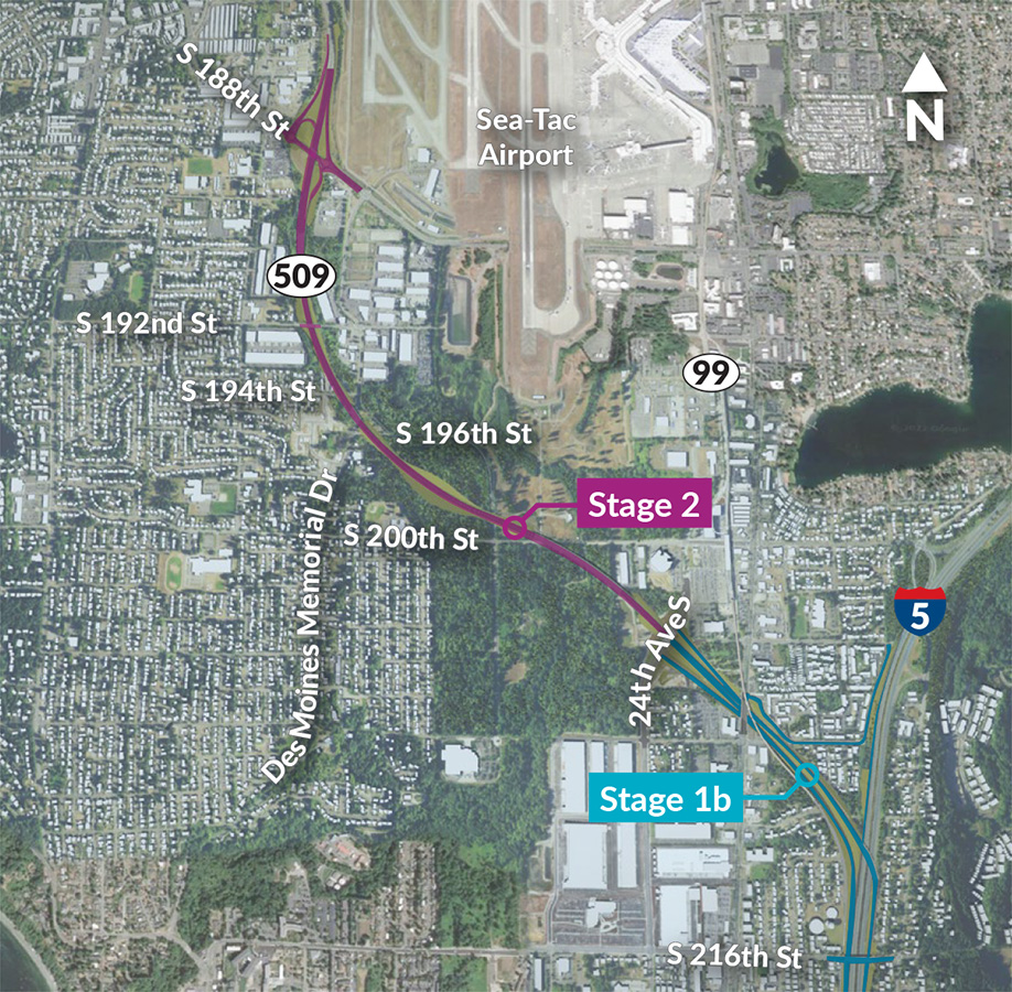 Magbubukas ang SR 509/24th Avenue South Interchange sa 2025 pagkatapos ng unang milya ng SR 509 expressay sa ilalim ng yugtong 1b ng SR 509 Completion Project.