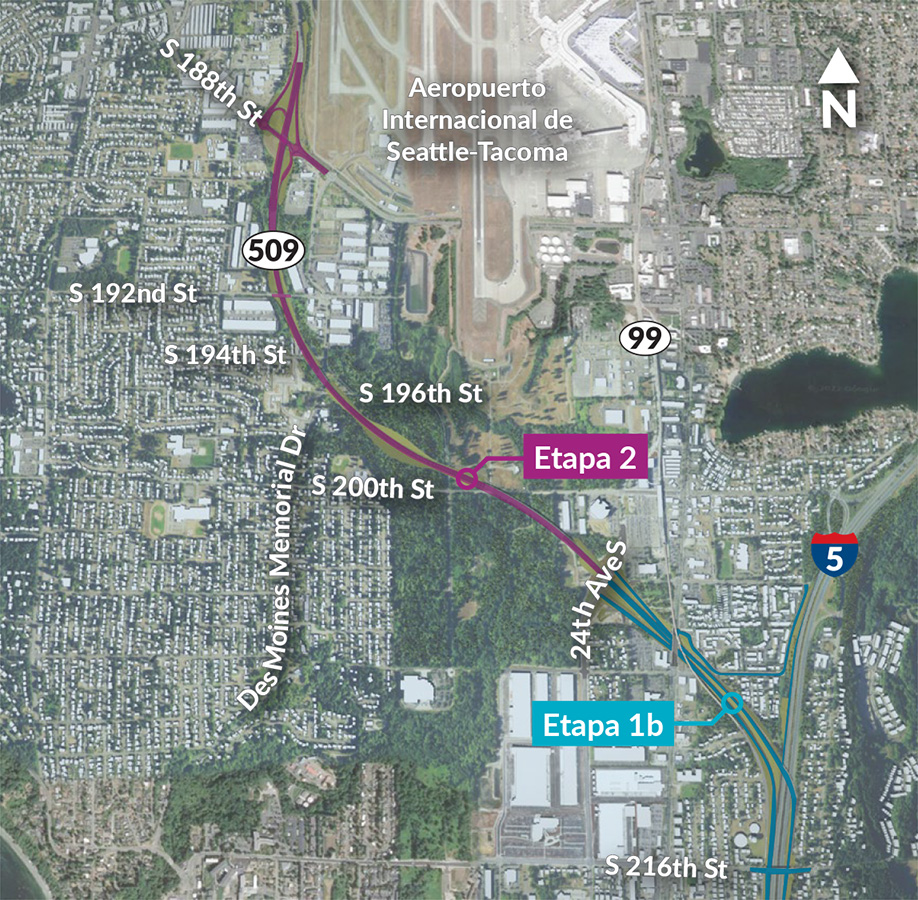 El intercambio de la SR 509 / 24th Avenue South se inaugurará en 2025 una vez que se haya completado la primera milla de la vía exprés SR 509 bajo la etapa 1b del Proyecto de Finalización de la SR 509.
