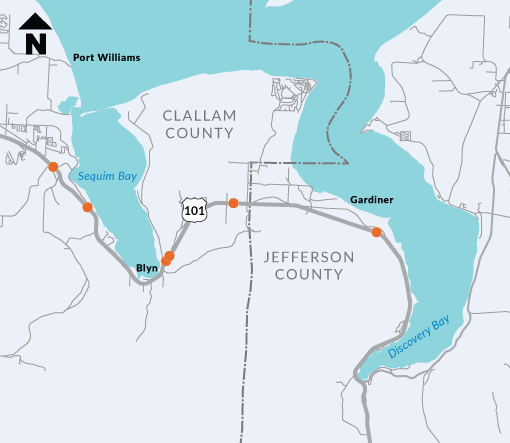 Map of US 101 Jefferson and Clallam Counties Remove Fish Barriers project area