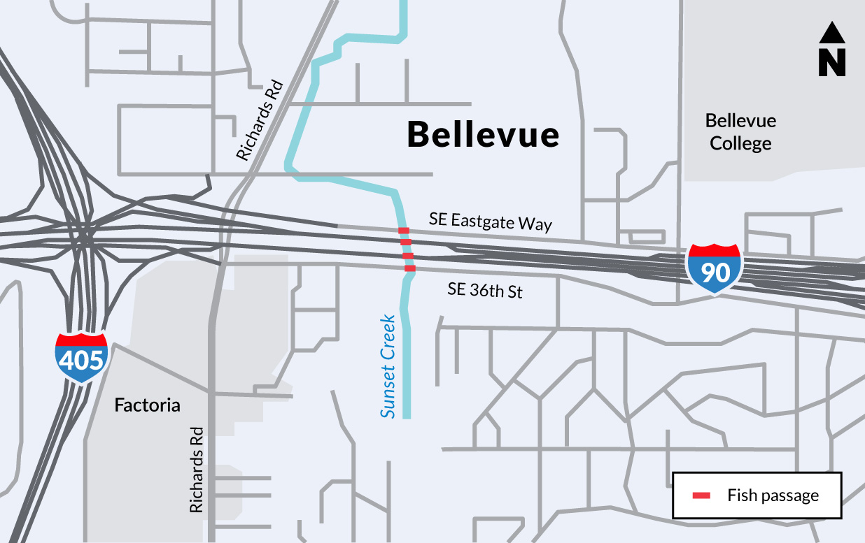 A map of the project area just east of I-405 highlighting the locations of four new bridges under I-90, Southeast Eastgate Way and Southeast 36th Street.
