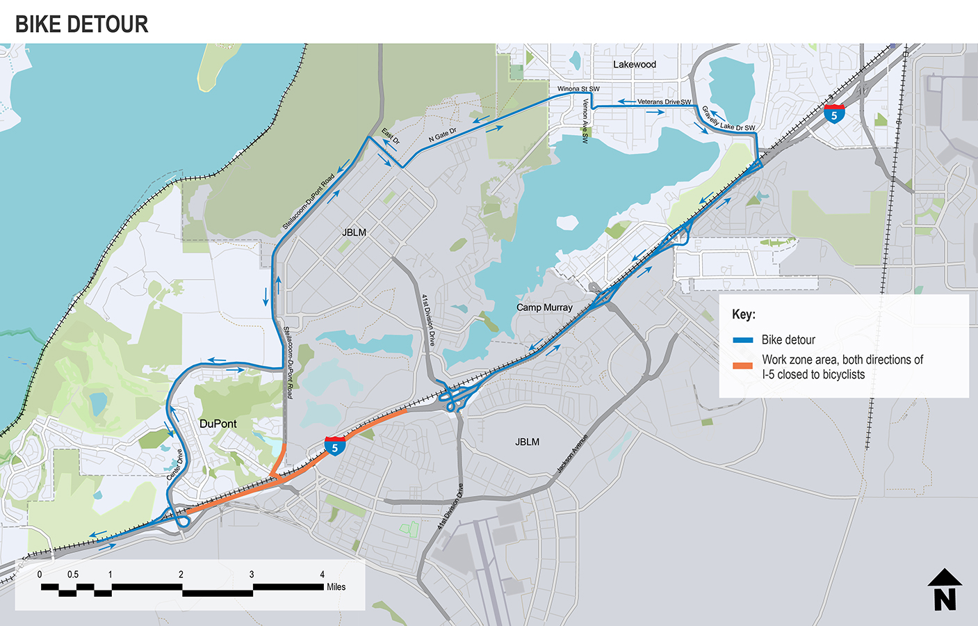 No se permiten bicicletas en la I-5 entre 41st Division Drive y Center Drive. Usuarios que viajan por esta zona deben tener en cuenta que el acceso está restringido a las propiedades de JBLM que bordean la ruta