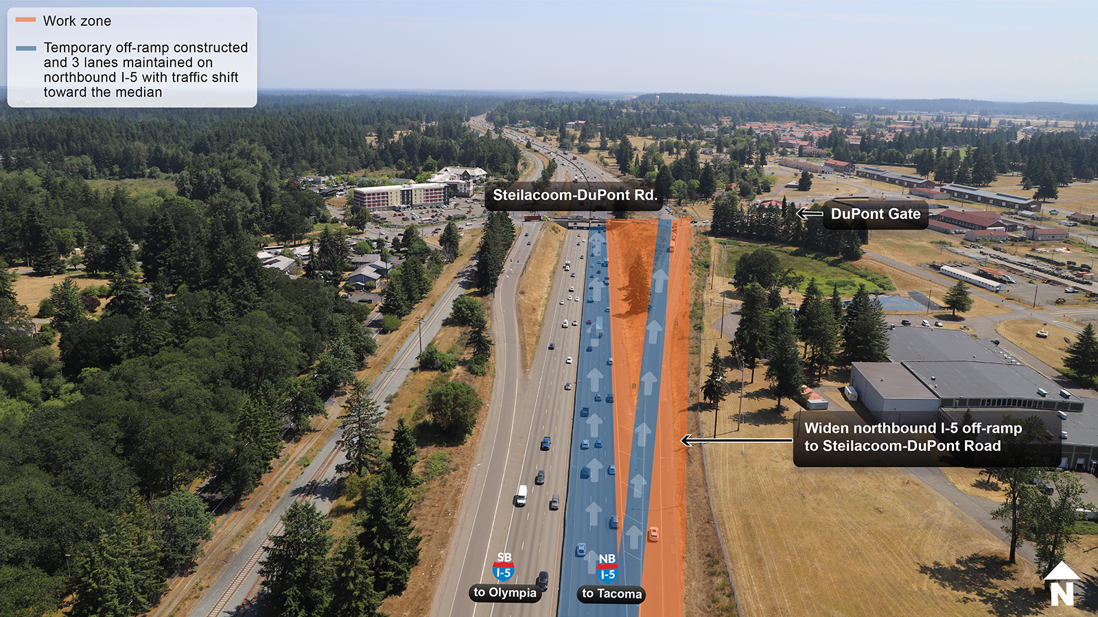 Map showing how three lanes of northbound I-5 will be maintained at Steilacoom-DuPont Road. The off-ramp will be shifted left to accommodate the work zone on the right