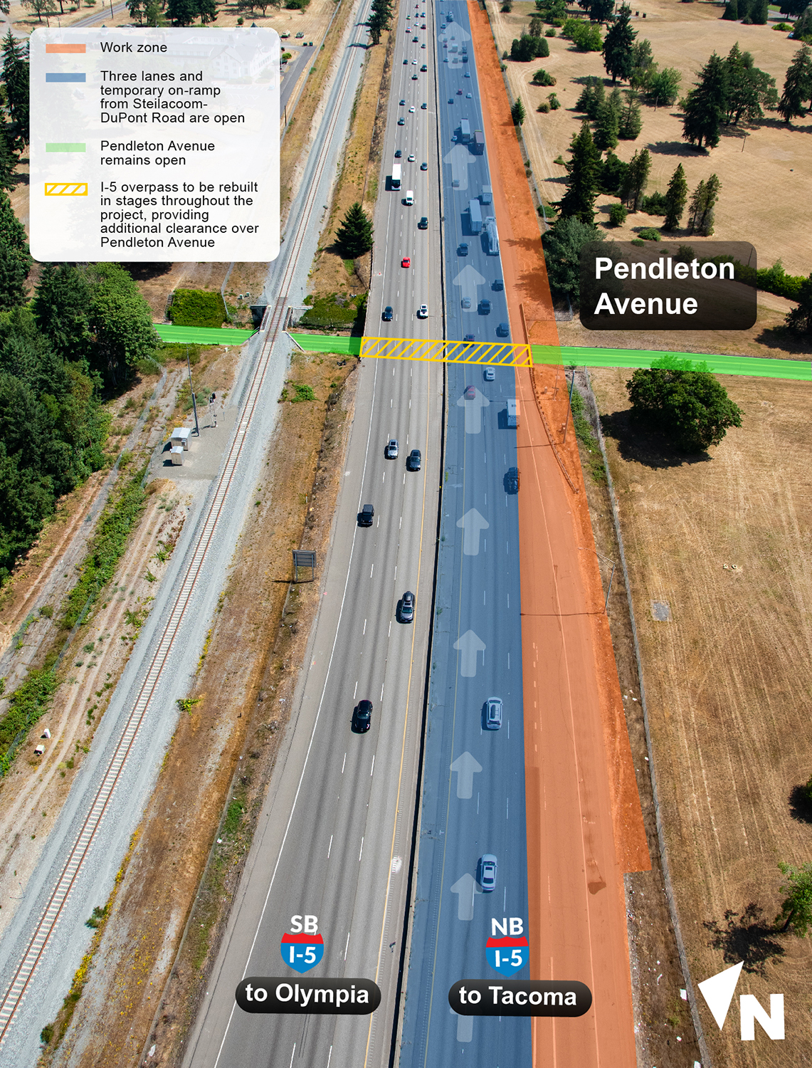 Tres carriles de el I-5 en dirección norte que se acercan a Pendleton Avenue estarán abiertos y desplazados a la izquierda hacia la mediana mientras los equipos trabajan en el lado derecho. Se abrirá una rampa de entrada temporal desde Steilacoom-DuPont Road. Al final del proyecto, se reconstruirá todo el paso elevado de la I-5 en Pendleton Avenue para proporcionar espacio adicional para los vehículos que viajan por Pendleton Avenue