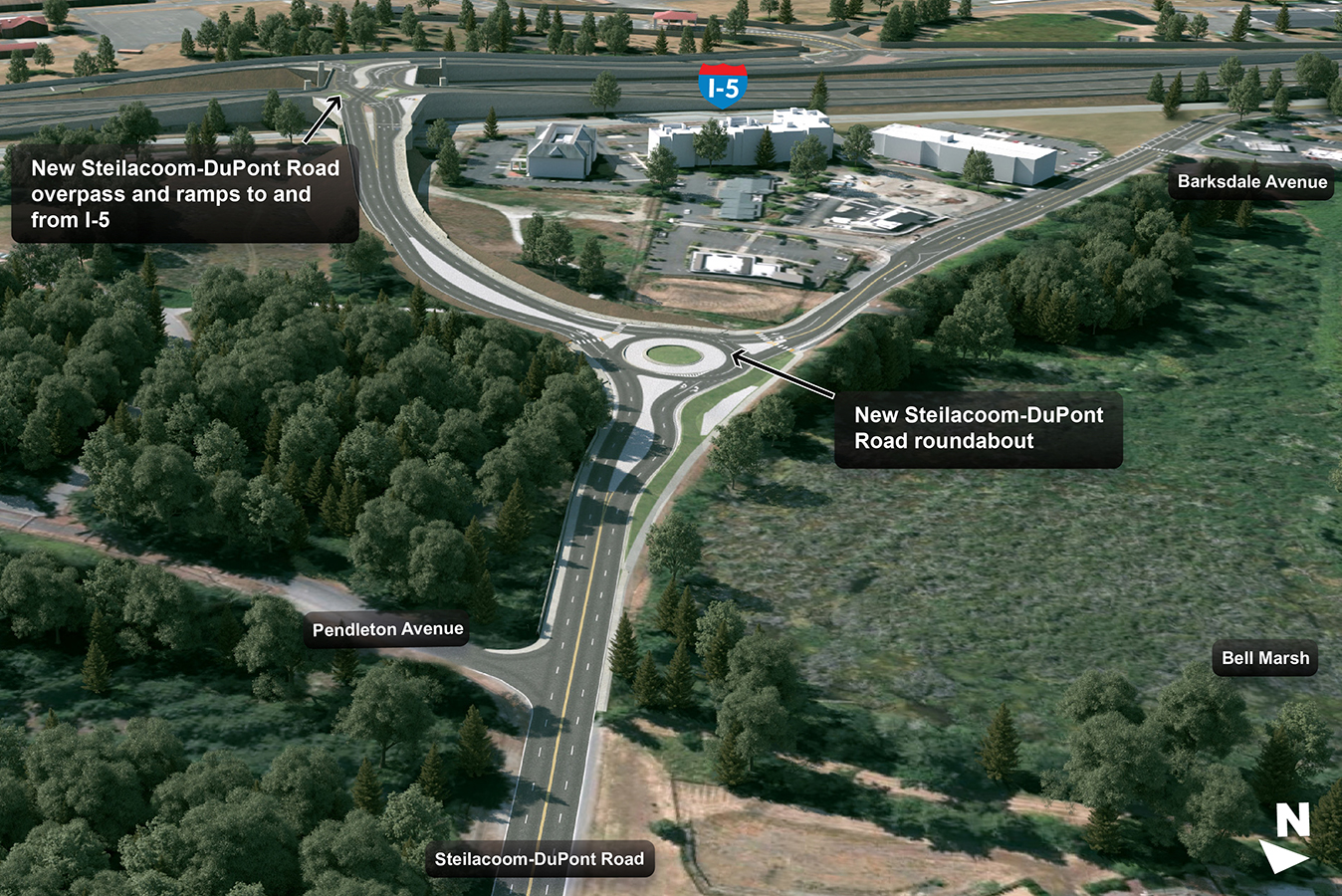 Map showing how the new roundabout will connect to the new Steilacoom-DuPont overpass and on- and off-ramps to and from I-5