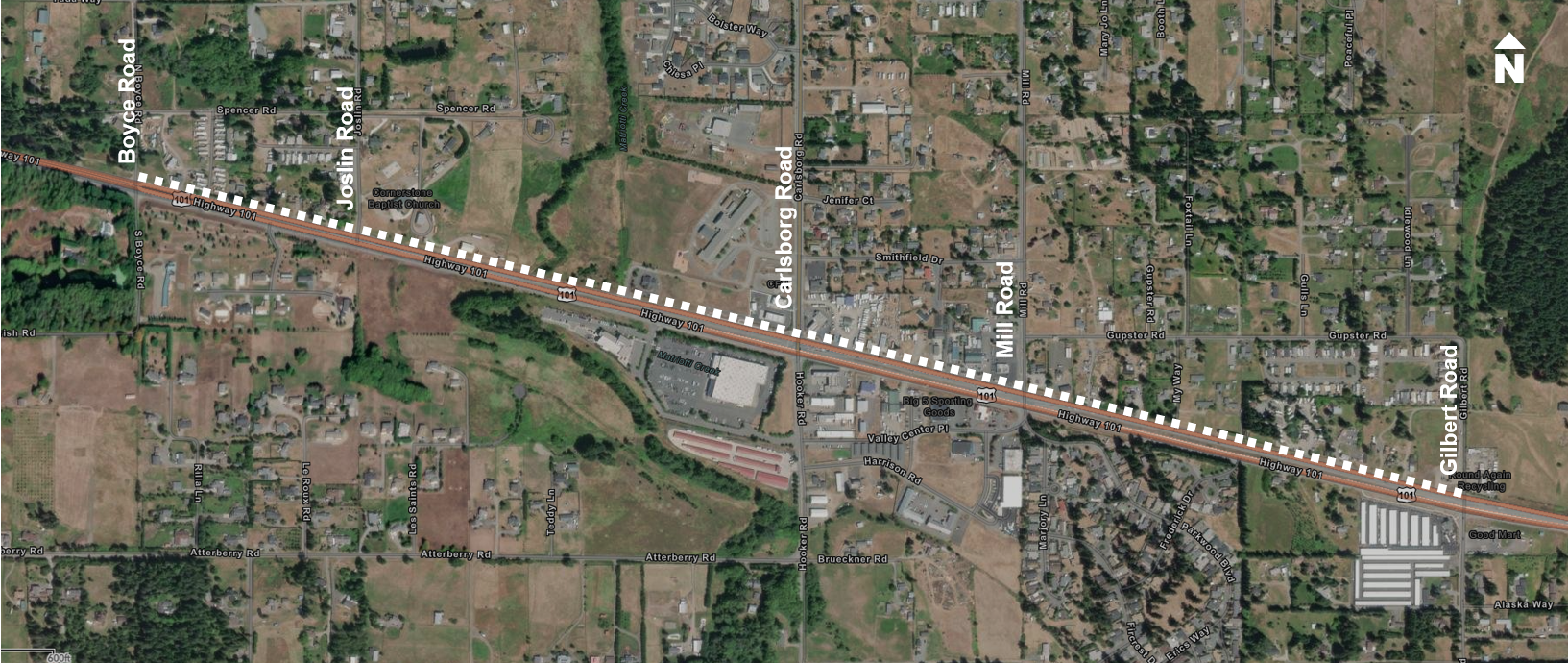 Aerial map of US 101 from Boyce Road to Gilbert Road showing a shared-up path along the highway.