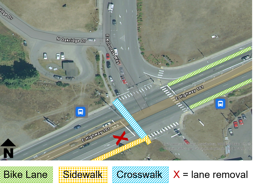 An aerial graphic depicting the East Kolonels Way intersection showing the location of the new bike lanes, sidewalk landing and curb ramp upgrades, the removal of the eastbound right-turn lane, and the fourth leg of the intersection crosswalk.