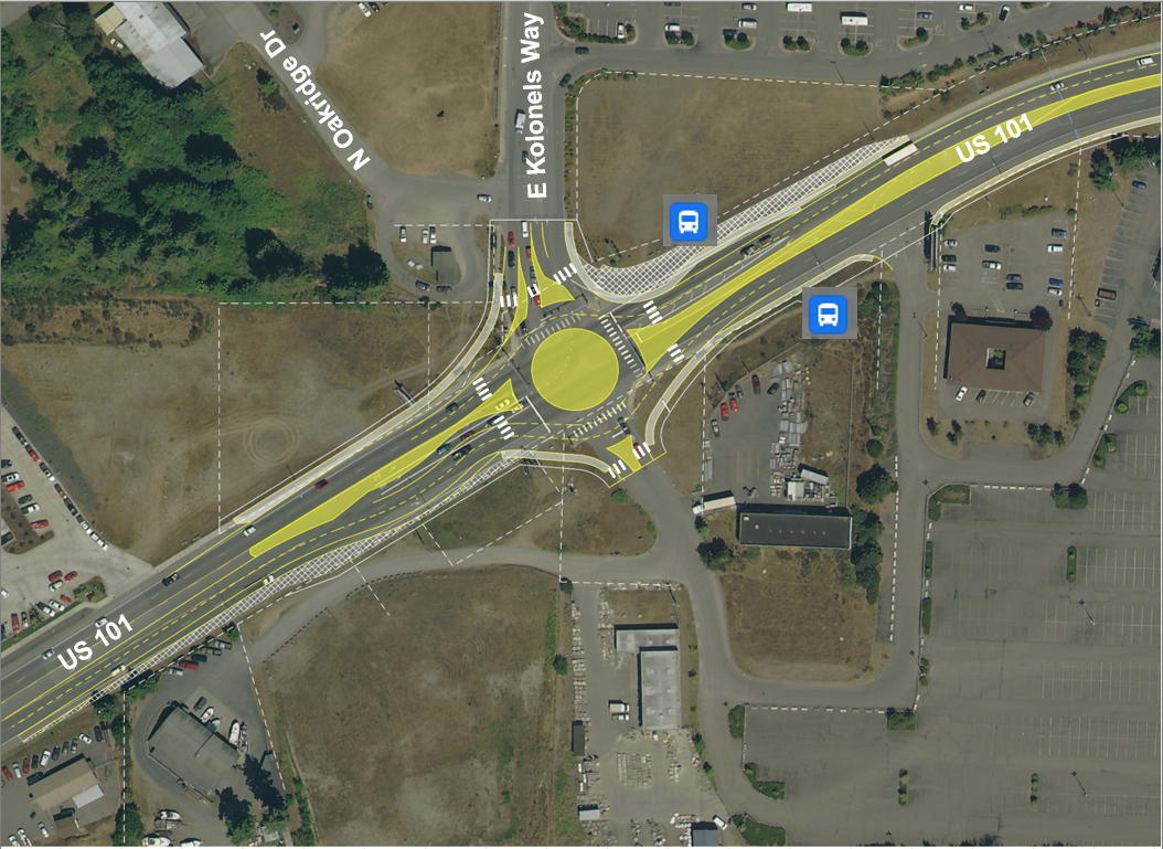 Aerial map with a two-lane roundabout graphic drawn on top at the intersection on US 101 at East Kolonels Way near Port Angeles.