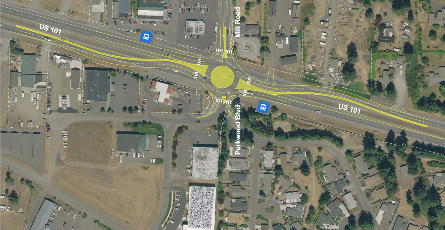 An aerial map graphic of the US 101 and Mill Road intersection with a two-lane roundabout graphic drawn on top.