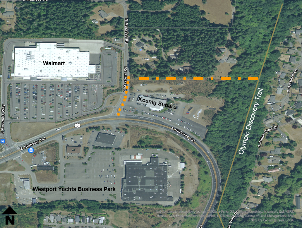 An aerial map showing the new bicycle lane on North Masters Road and new access connection behind the Koenig Subaru property to the Olympic Discovery Trail