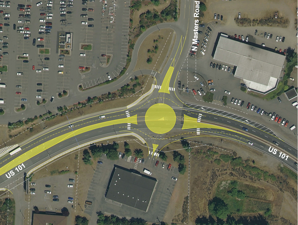An aerial map with a two-lane roundabout drawn on it at the intersection of US 101 and N Masters Road.