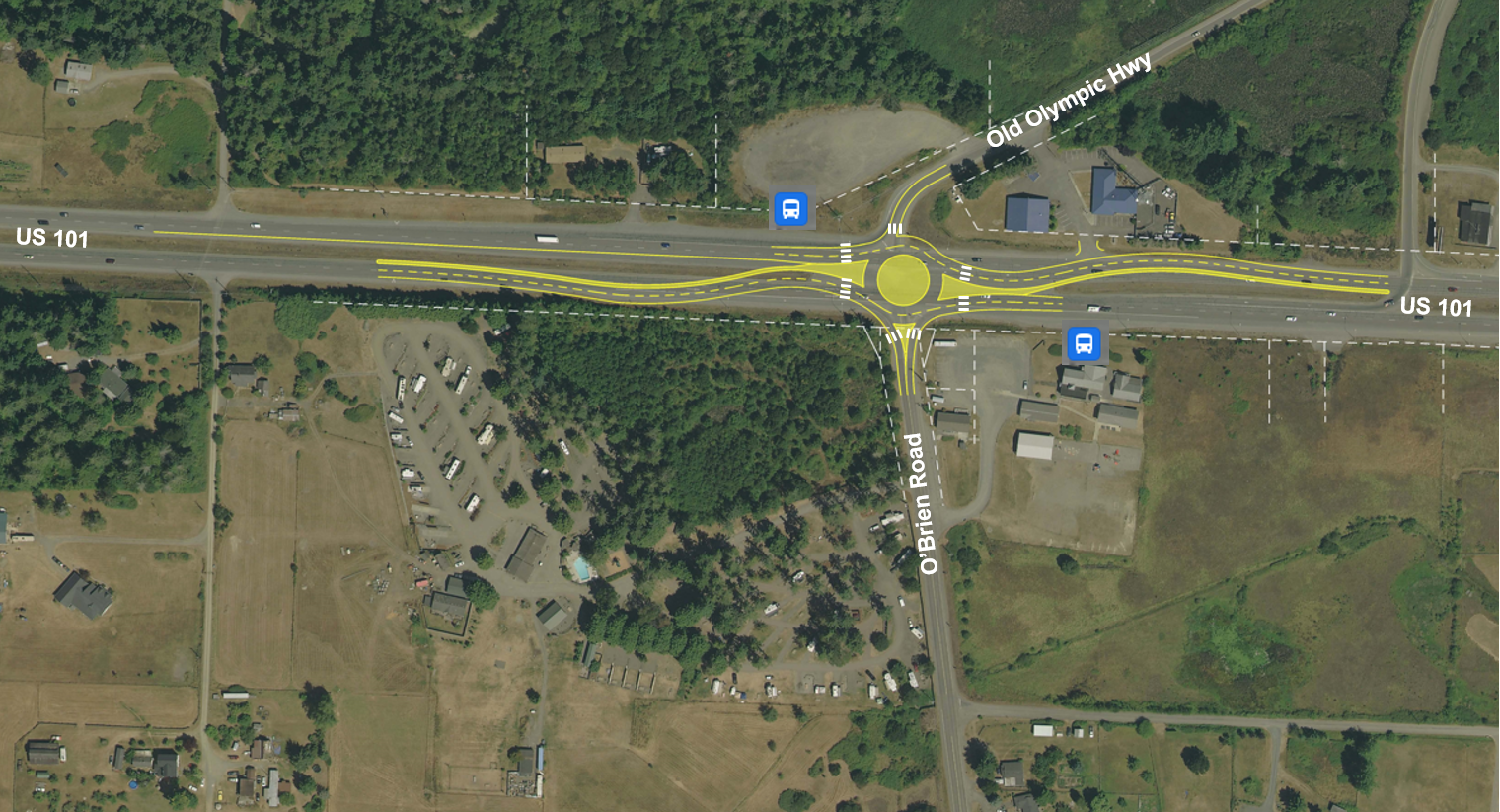 An aerial map with a two-lane roundabout drawn in at the intersection of US 101 and Old Olympic Highway/O'Brien Road near Port Angeles.