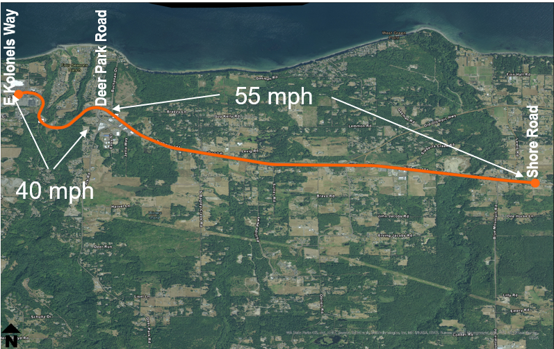Aerial map showing the five-mile paving area with the posted speed limits.