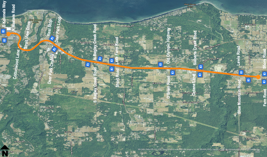 A aerial map showing 16 on-highway transit stops along US 101 between the East Kolonels Way and the Shore Road intersections