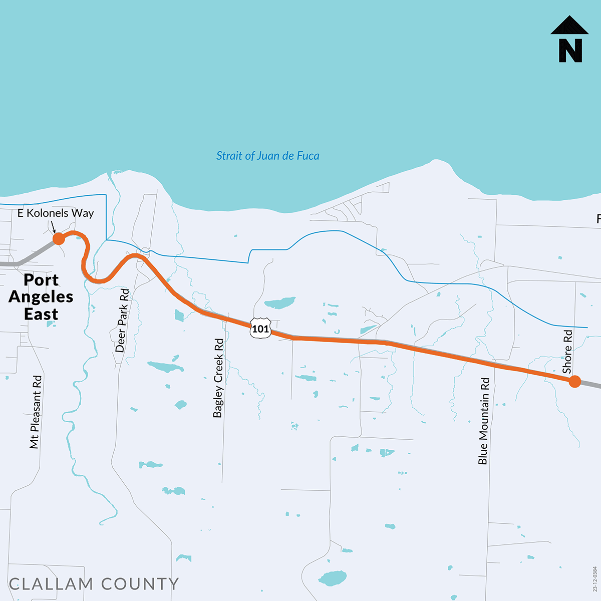 Map showing the US 101 roadway epaving area from East Kolonels Way to Shore Road near Port Angeles, WA.