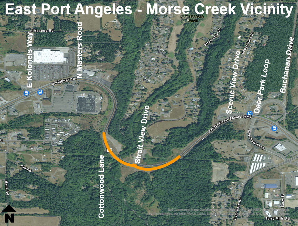 An aerial map highlighting the area from Morse Creek to the Powerlines for the safety application of a High Friction Surface Treatment substance to give vehicle tires better traction in wet weather on roadway curves.
