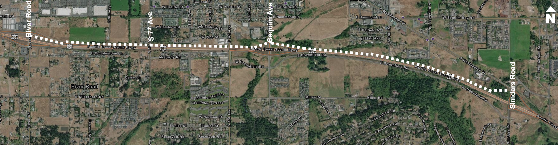 An aerial map of US 101 from River Road to Simdars Road showing a shared-use path along the highway.