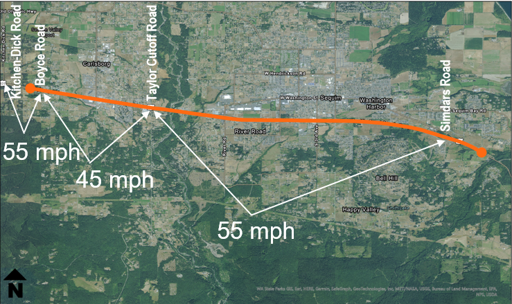 An aerial graphic depicting US 101 from Kitchen-Dick Road to Simdars Road and indicating where the speed limit changes from 55 mph to 45 mph in the Carlsborg area.