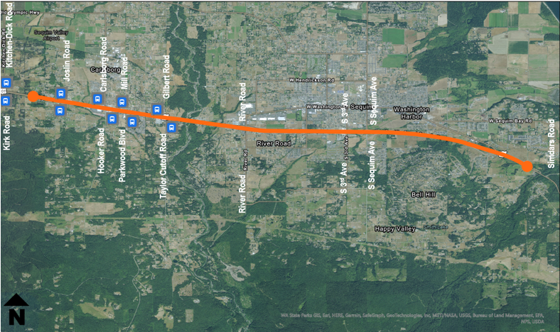 An aerial map of the US 101 Carlsborg and Sequim paving area highlighting the on-highway transit stop locations.
