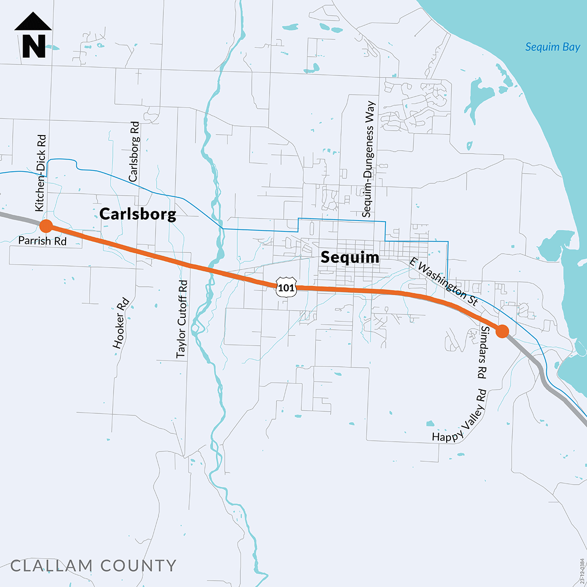 Map showing where WSDOT will repave US 101 from Kitchen-Dick Road to Simdars Road near Carlsborg and Sequim