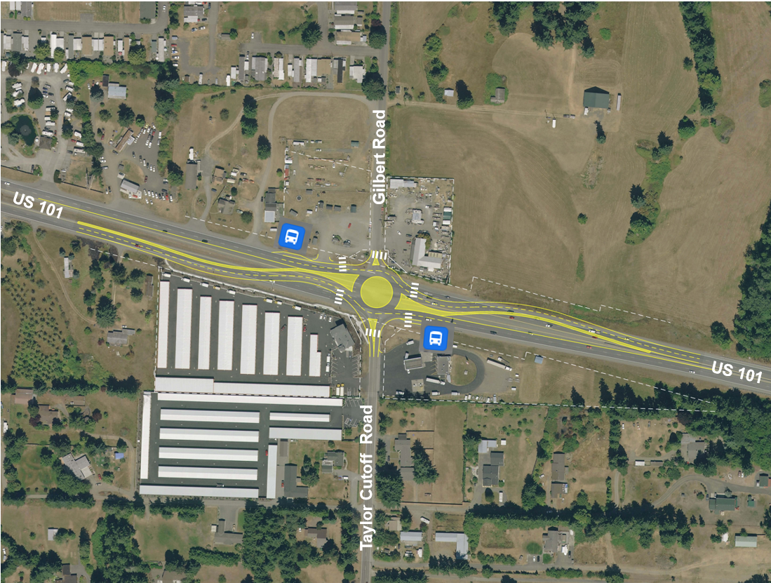 Aerial map with a two-lane roundabout image drawn on the map at the intersection of US 101 and Taylor Cutoff Road.