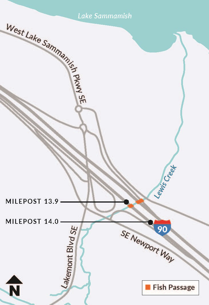 Map showing the location of a fish barrier on Lewis Creek where it passes under I-90 near Issaquah