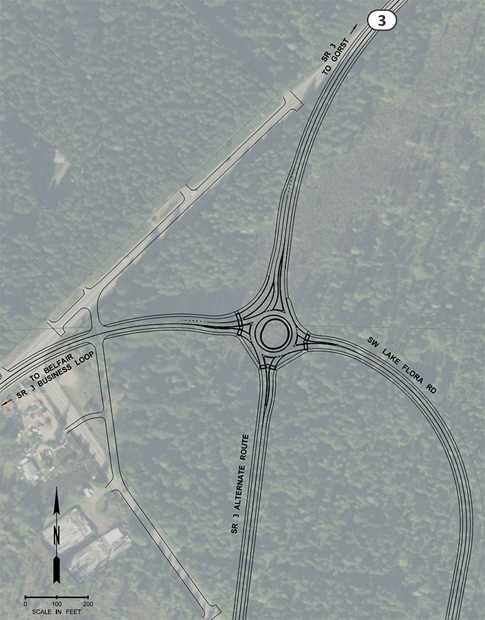A map showing an engineering design for a new roundabout. The roundabout sits in an undeveloped area where surrounding roadways will be realigned to meet it.