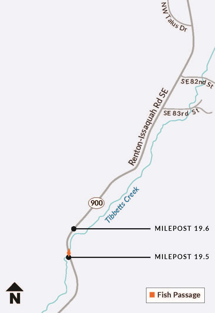 Map showing the location of the culvert carrying Tibbetts Creek under SR 900 near Squak Mountain