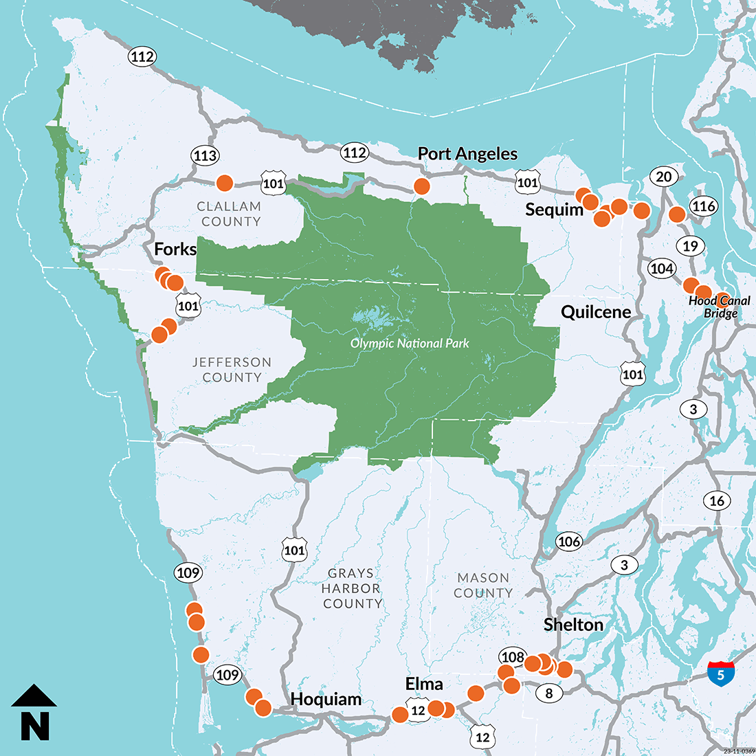 A map showing 2024 Olympic Peninsula construction project areas