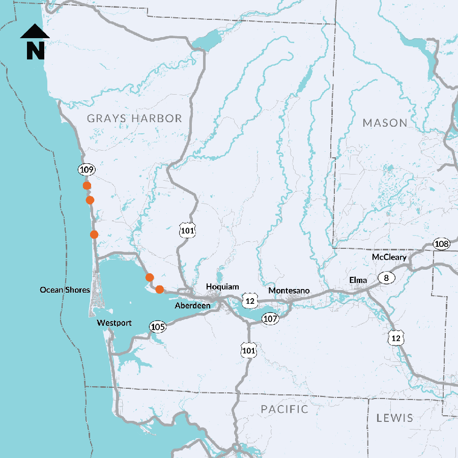 A map showing location of SR 109 Hoquiam to Ocean City – Remove Fish Barriers fish passage project