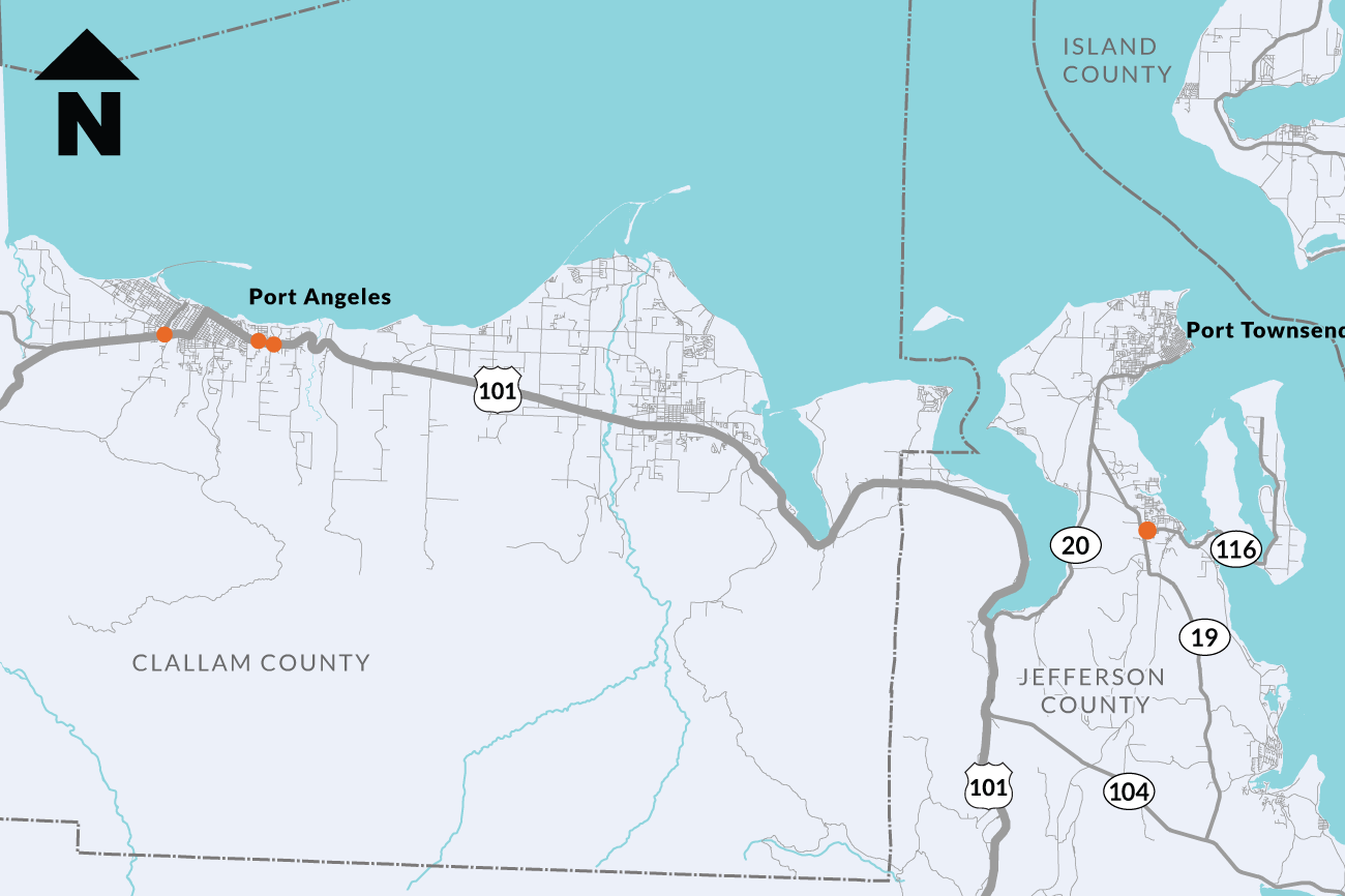 Map showing the location of US 101/SR 116 North Olympic Peninsula fish passage projects