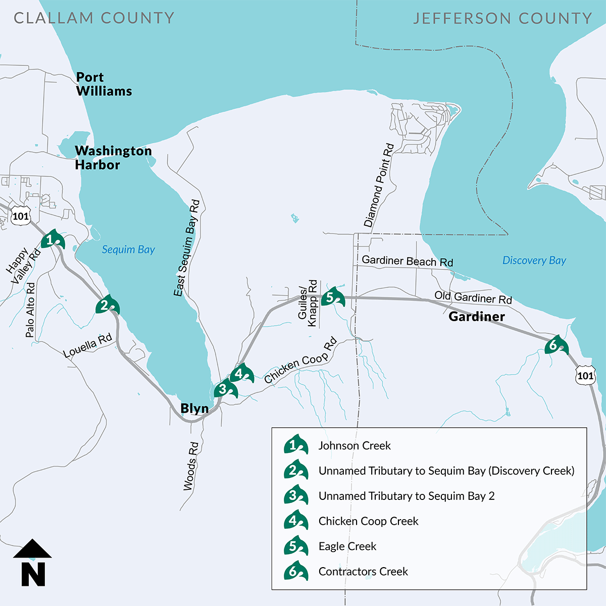 Map showing the location of US 101 - Jefferson and Clallam Counties fish passage projects