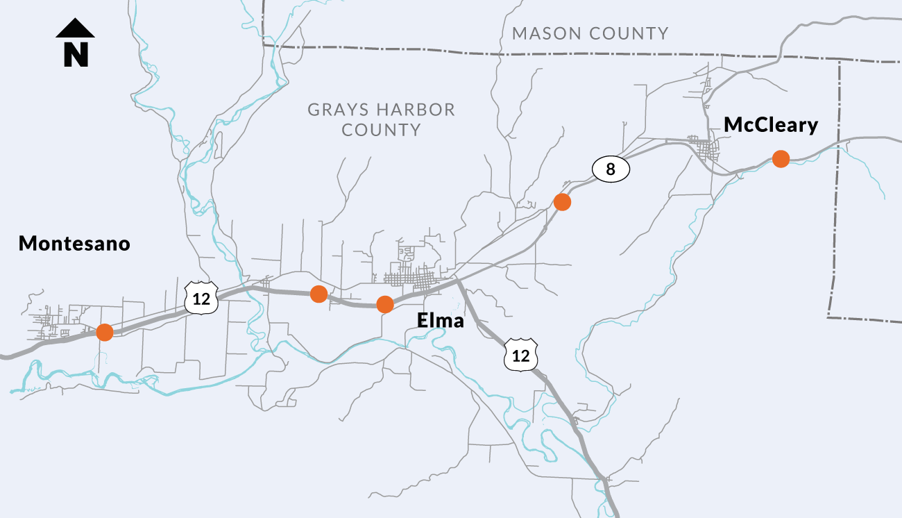 Map showing location of US 12-SR 8 – Grays Harbor Fish Passage Barriers – Remove Fish Barriers fish passage project