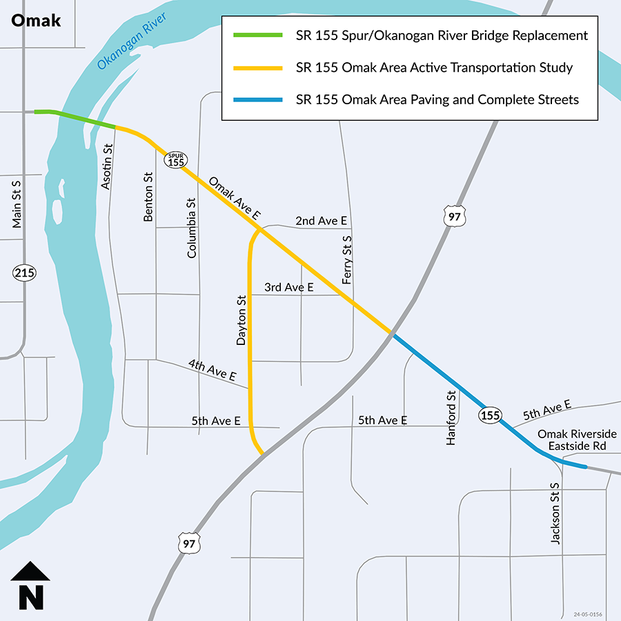 Map showing study area and two existing projects on SR 155/Omak Ave
