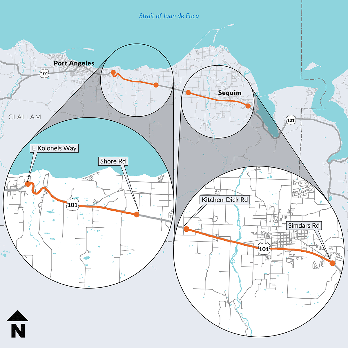 A graphic map highlighting the two US 101 paving segments in Clallam County. The first segment is near Port Angeles from E Kolonels Way to Shore Road. The second segment is near Carlsborg and Sequim from Kitchen-Dick Road to Simdars Road.