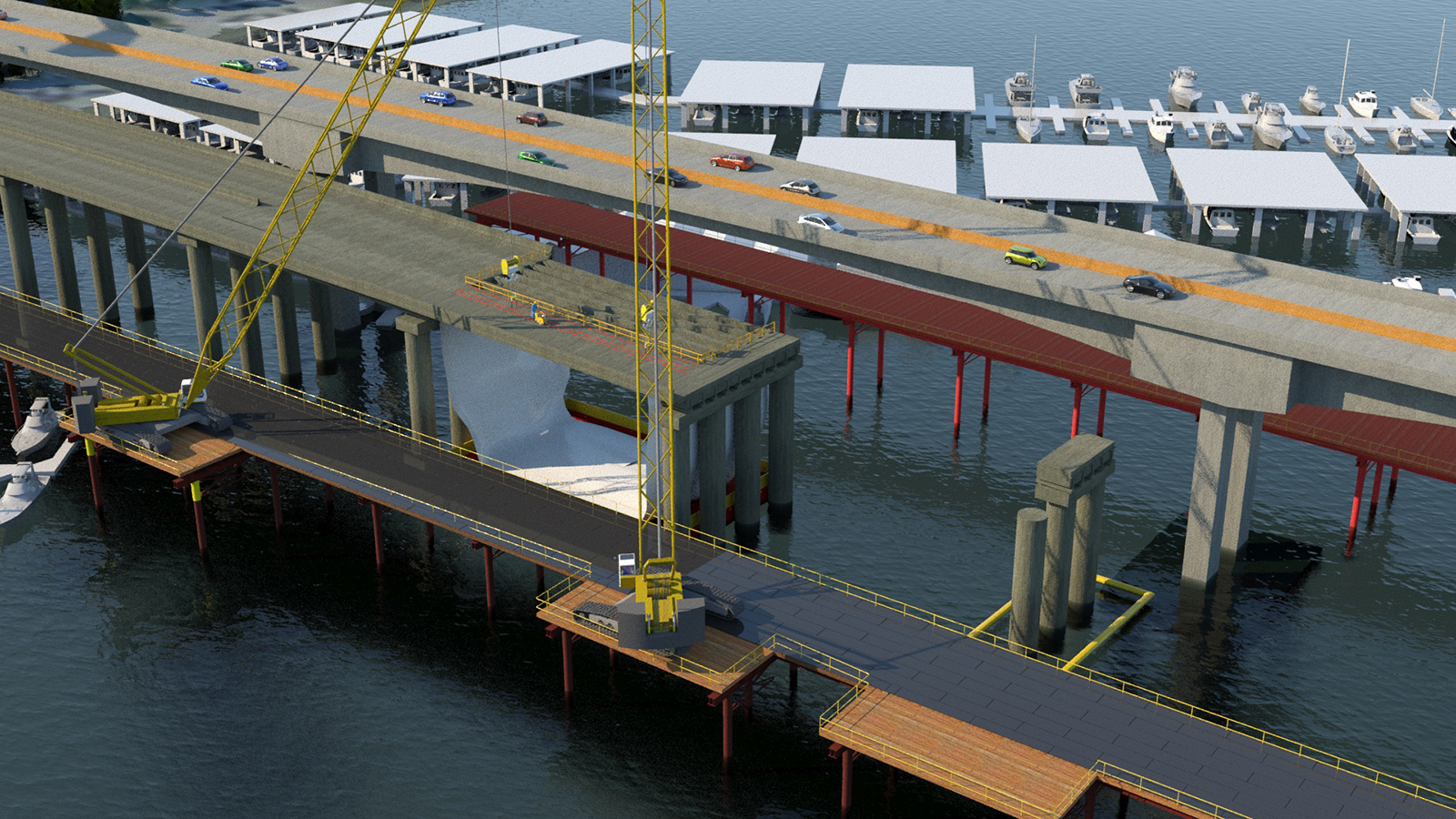 A rendering a work trestle that crews will work from to remove the existing Portage Bay Bridge.  There are cranes on the work trestle that will be used to move equipment to and from the existing bridge.