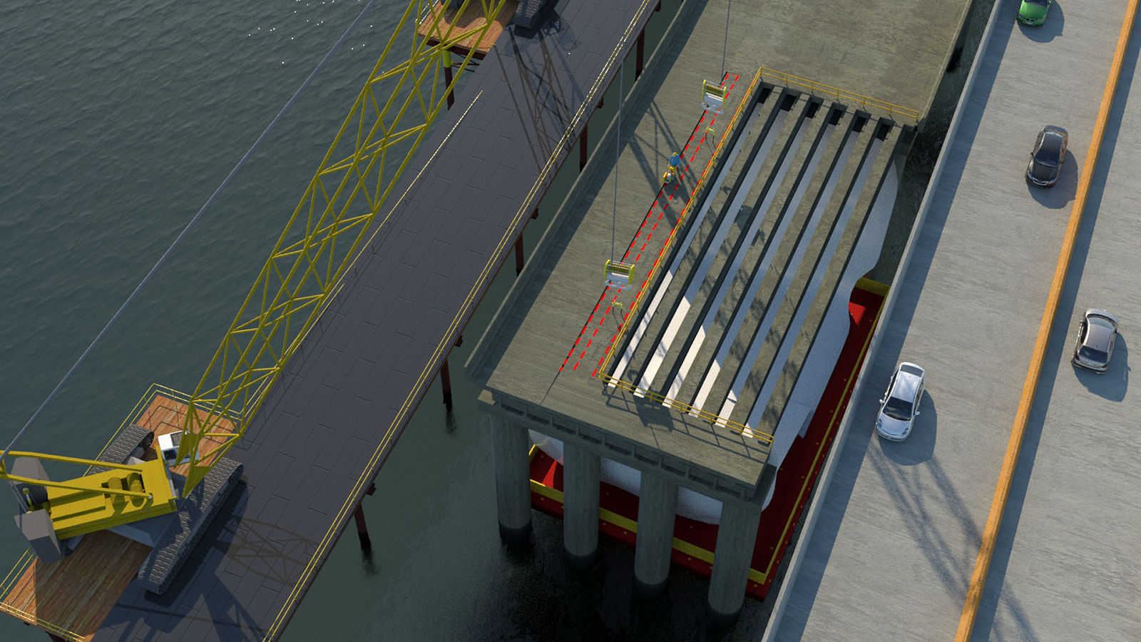 An overhead rendering shows a section of the existing Portage Bay Bridge after crews have removed some pieces of the bridge surface. Underneath the surface are some support structures.