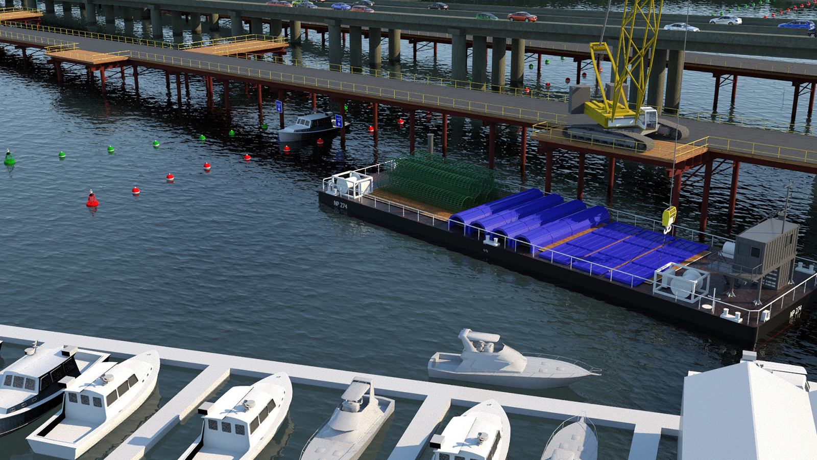 A rendering shows that buoys will be used to mark a clear pathway for boats (known as a navigational opening) under the work trestle. Barges in Portage Bay will also keep the pathway clear for boaters.