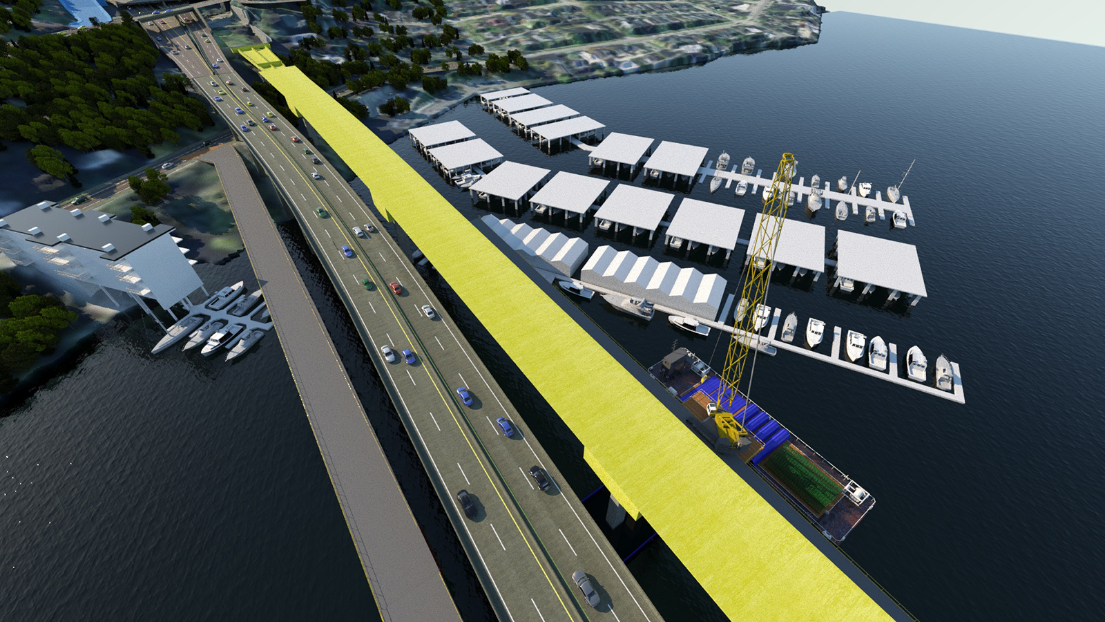 A rendering shows a large work trestle that will be built and run parrallel to the existing Portage Bay Bridge. 