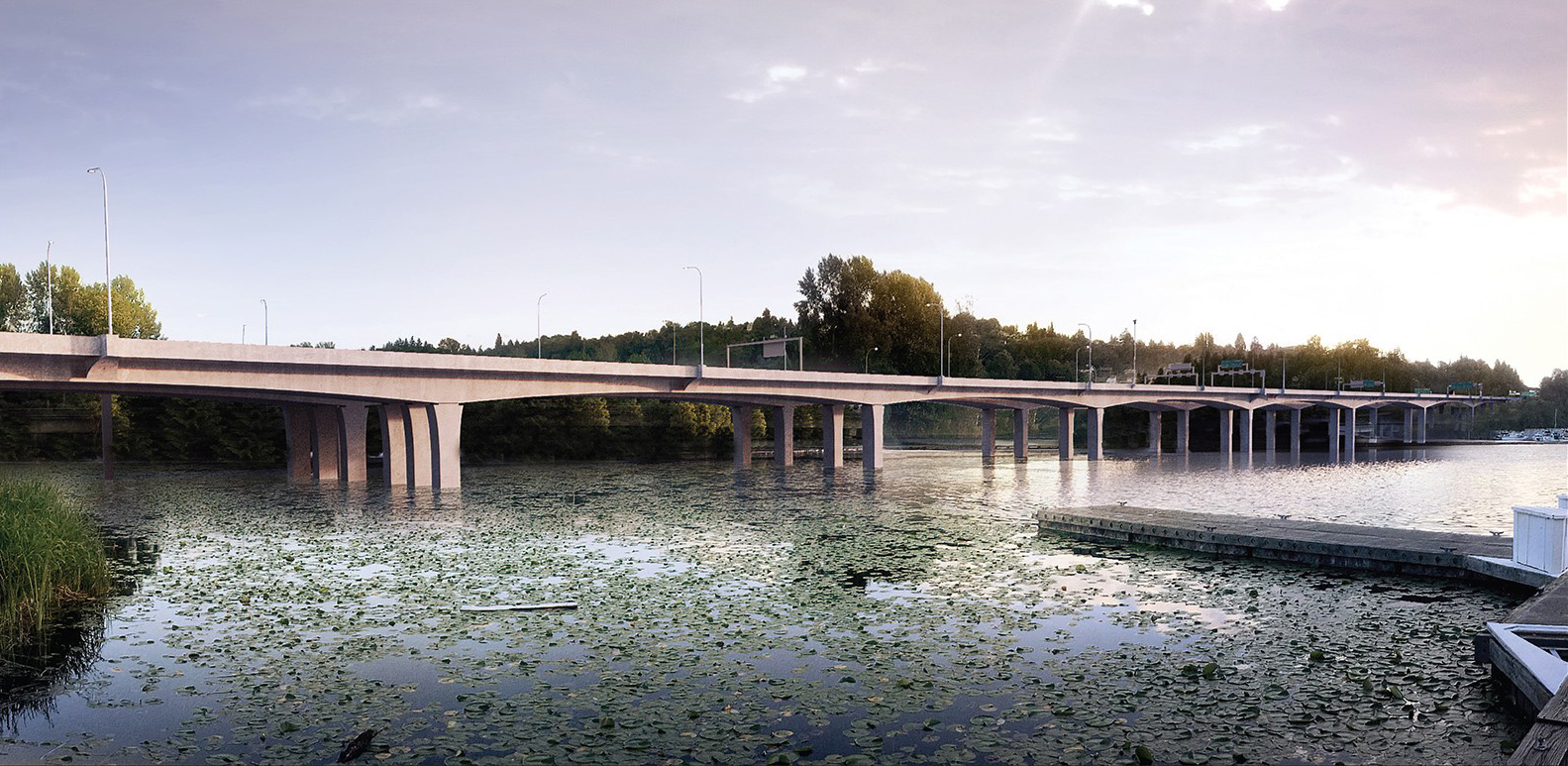 A computer-generated rendering shows the new Portage Bay Bridge from the docks in Portage Bay. The new bridge will be seismically-resilient 