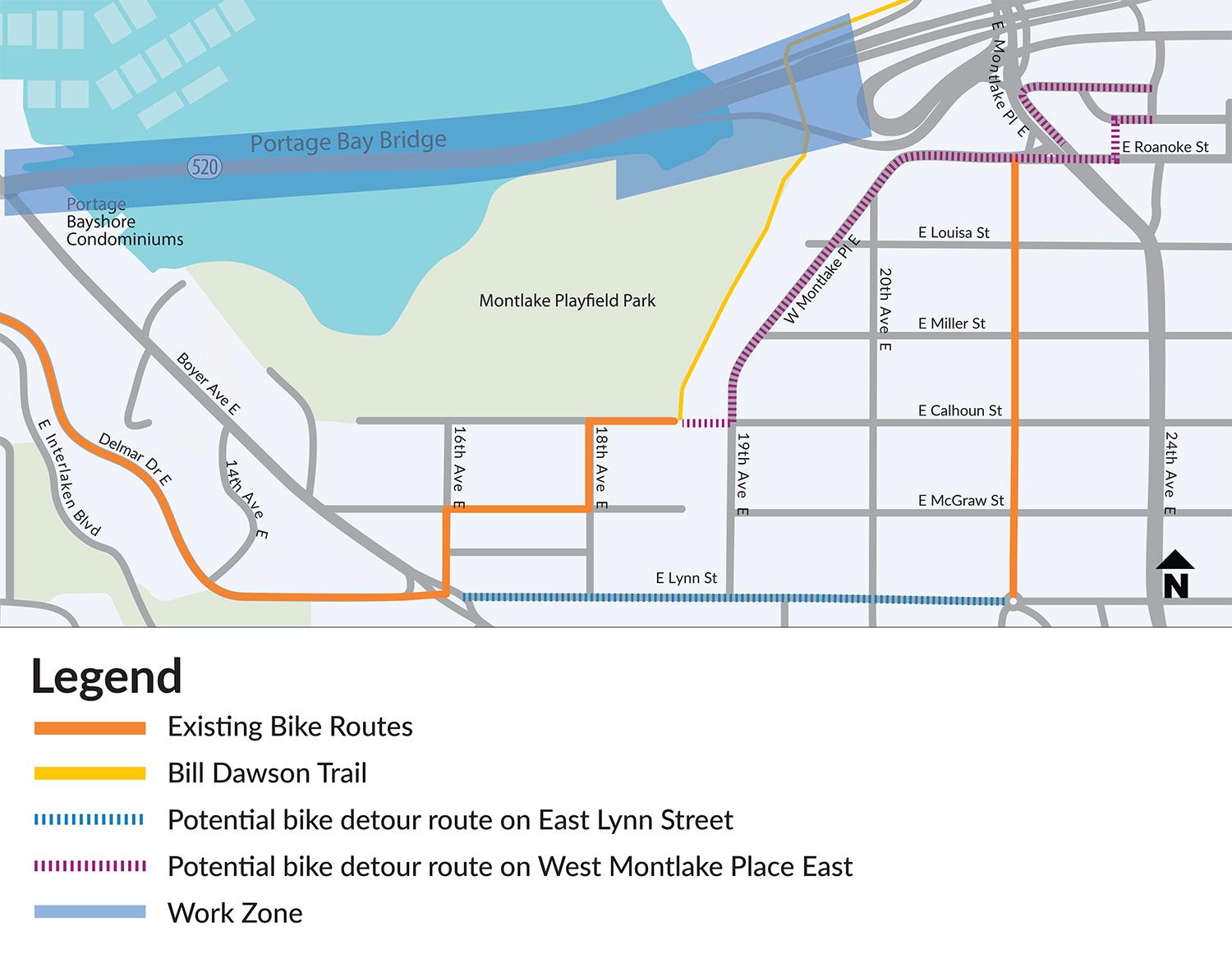 Map showing detour routs for people walking, rolling and biking