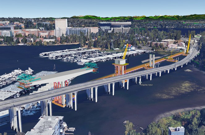 A rendering shows a work trestle and cranes in Portage Bay next to the existing Portage Bay Bridge. The work trestle and cranes are adjacent to the existing bridge.