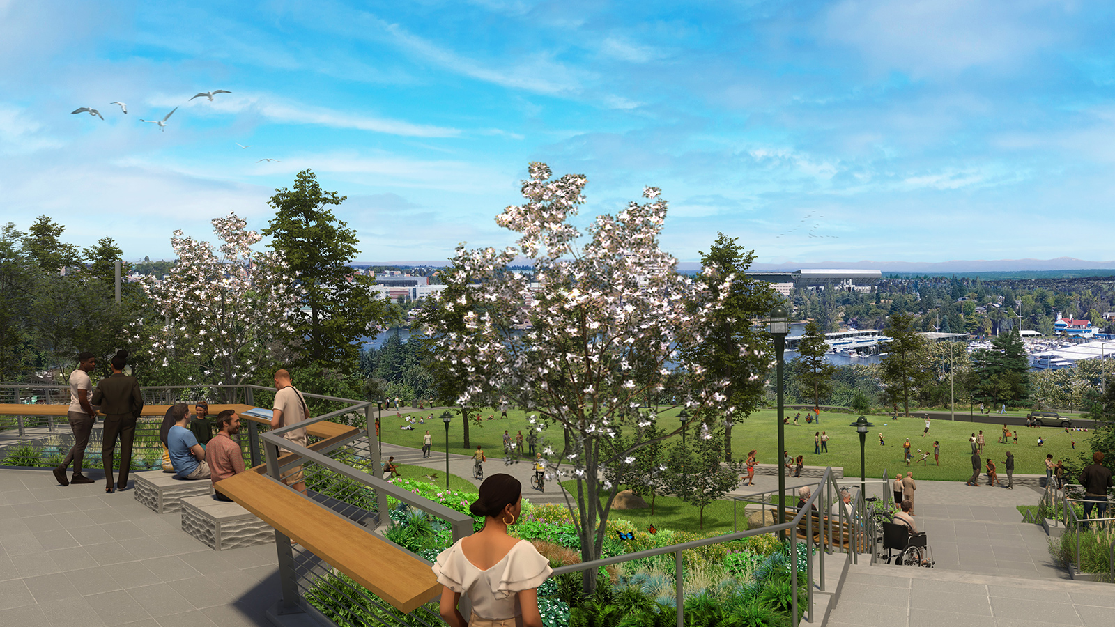 A rendering shows an example of an area where people can enjoy experiencing the lid and the new open green space. Benches and viewpoints will be available around the lid.